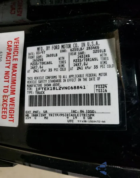 1997 Ford F150 from USA, damaged, VIN 1FTEX18L2VNC68841